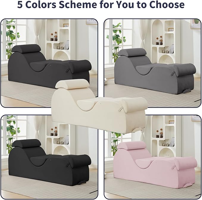 ijuicy Sleek Chaise Lounge Chair for Yoga/Exercise, Indoor Lounger with Headrest, Waist Cushion, Movable Footrest, Side Pockets, Non-Slip Bottom - High Density Sponge, Beige