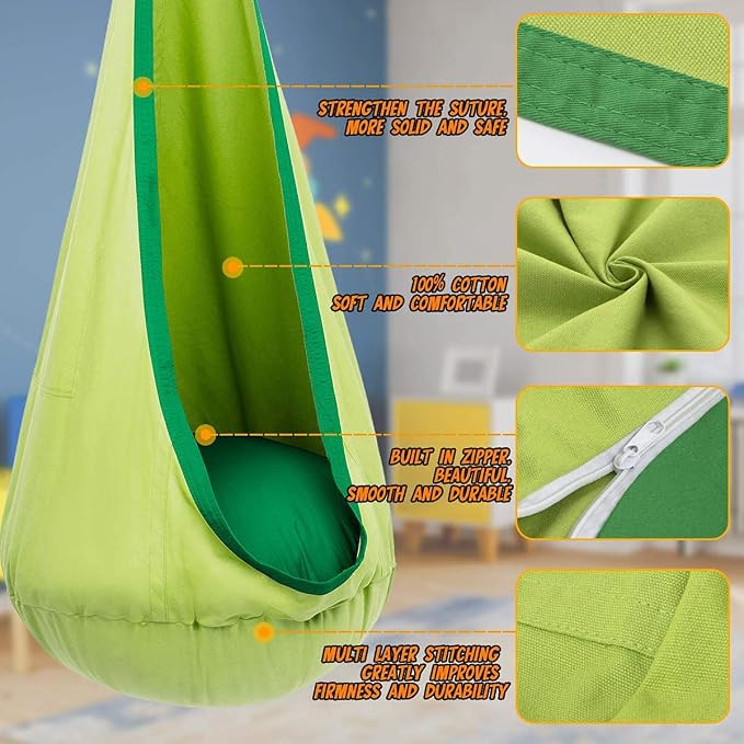 Hammock Chairs for Kids, Green Cotton Pod Swing with Inflatable Pillow