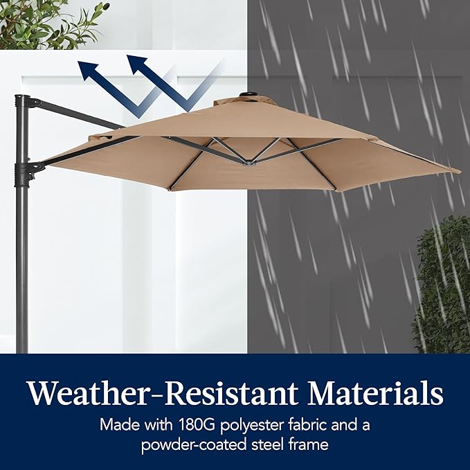 Best Choice Products 10ft Solar LED Offset Cantilever Hanging Market Patio Umbrella, Smooth 360° Rotation, 8 Sturdy Ribs, Easy Adjustment - Tan