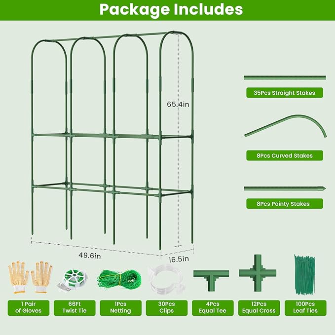 65in Tall Cucumber Trellis for Raised Bed, 50" L x 65" H Metal Garden Trellis for Climbing Plants Outdoor, U-Shape Vegetables Trellis Support for Squash Zucchini Peas Grape