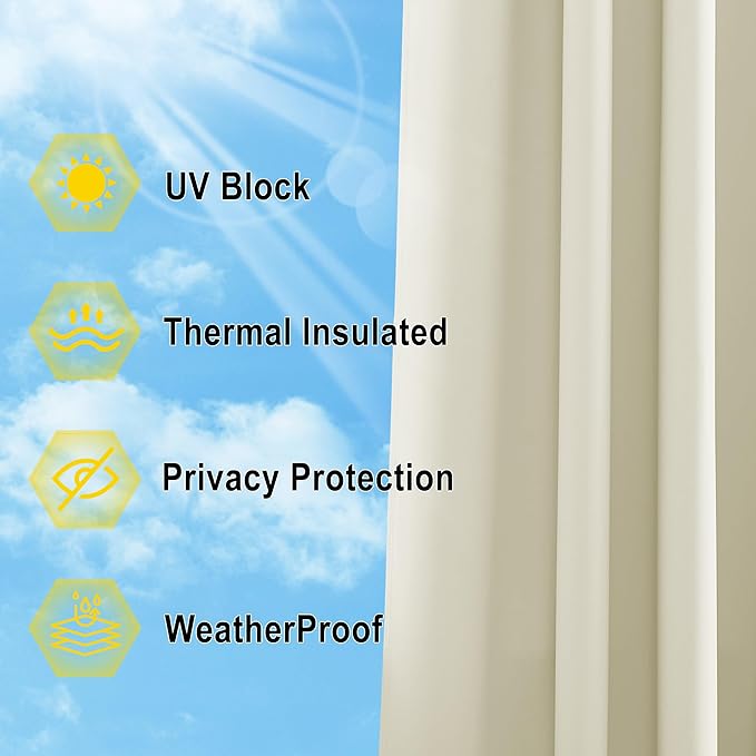 NICETOWN 2 Panels Outdoor Patio Curtainss Waterproof Room Darkening Drapes, Detachable Sticky Tab Top Thermal Insulated Privacy Outdoor Dividers for Canopy/Doorway, Beige, W52 x L84