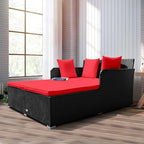 RELAX4LIFE Rattan Patio Outdoor Daybed, Wicker 2-Person Sunbed Loveseat with Soft Cushions, 4 Pillows, Curved Backrest & Armrest, Double Bed Lounger Sofa Set for Balcony Porch, Patio Bed (Red)