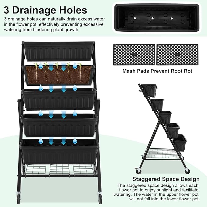 Homdox 5-Tier Vertical Garden Bed with Lockable Caster Wheels and Storage Rack - 4FT Vertical Raised Bed with 5 Garden Planter Boxes- Perfect to Grow Vegetables Herbs Flowers Indoor(Black)