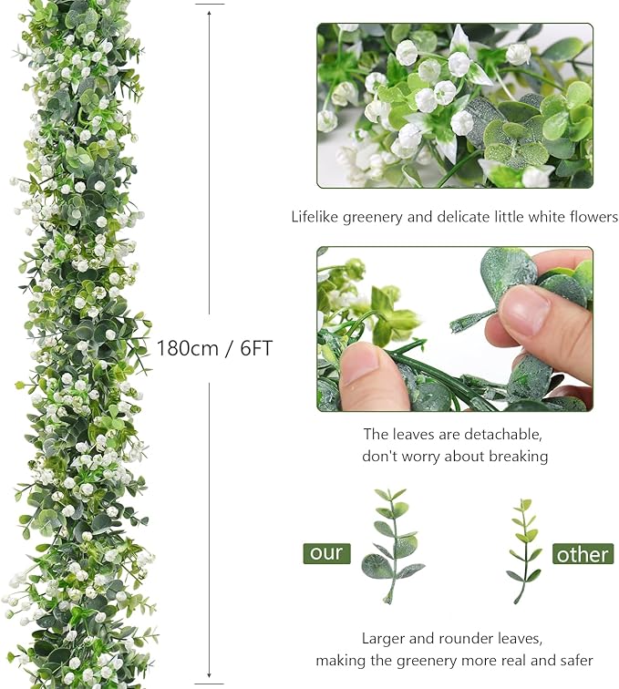 Artificial Plants Greenery Garland, 2 Pack, 6 Ft Each, White Flowers