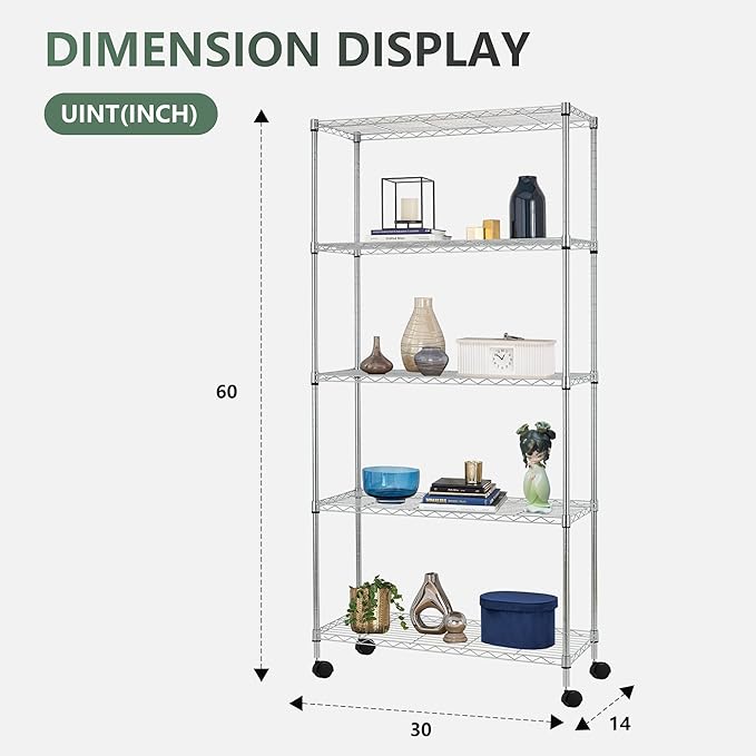 BestOffice | 5-Tier Wire Storage Shelves with Wheels | 14x30x60 | Chrome | Adjustable Racks | Heavy-Duty Metal Shelf, Holds Upto 220 lbs | No-Tool Assembly | Ideal for Home & Garage Shelving