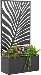 Outsunny Metal Planter Box with Trellis, 71" Tall Raised Garden Bed with Trellis Privacy Screen for Climbing Plants, Large Leaf Cut-Out Privacy Planter for Garden, Patio, Balcony