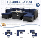 NICESOUL 9 Piece Oversized Outdoor Patio Furniture Set, 29.3'' High Back Comfy Sectional Sofa Set with Firepit Natural Gas & Propane, Deep Seating Conversation Couches, 2 Color Cushion Navy & Gray