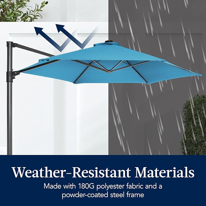 Best Choice Products 10ft Solar LED Offset Cantilever Hanging Market Patio Umbrella, Smooth 360° Rotation, 8 Sturdy Ribs, Easy Adjustment - Sky Blue