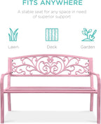 Best Choice Products Outdoor Bench Steel Garden Patio Porch Furniture for Lawn, Park, Deck w/Floral Design Backrest, Slatted Seat - Pink