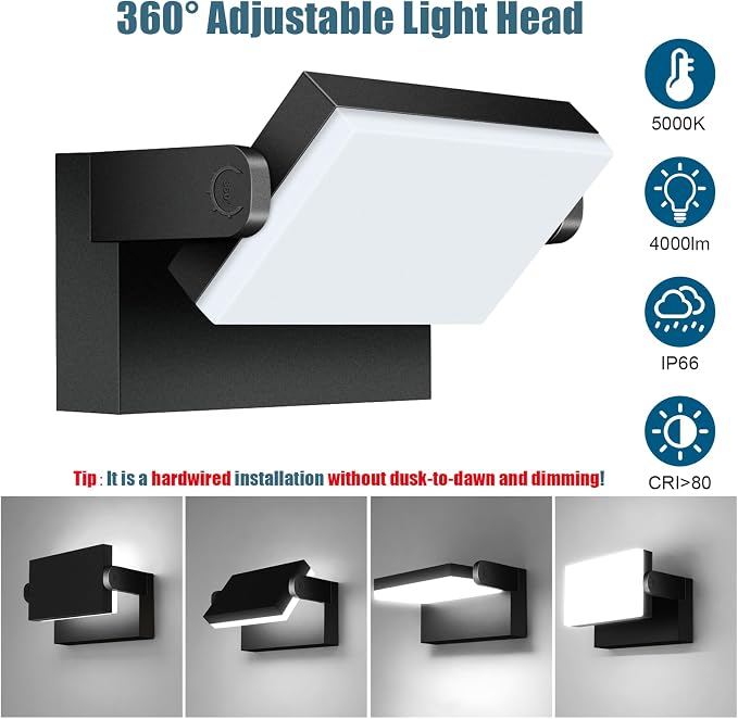 Flood Security Light 40W LED Wall Pack, 4000LM 5000K Black 2-Pack