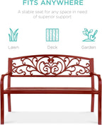 Best Choice Products Outdoor Bench Steel Garden Patio Porch Furniture for Lawn, Park, Deck w/Floral Design Backrest, Slatted Seat - Rust