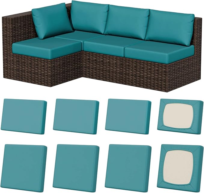 Cushion Covers, 8 Pack Stretch-Fit Petrol Blue Outdoor Slipcovers