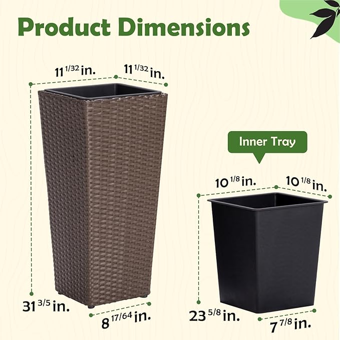 Idzo All Weather Wicker Planters for Outdoor Plants Set of 2, 24 inch Tall Planter for Front Porch, Patio, Balcony, Indoor Usage - Square Rattan Flower Pots, Mocha