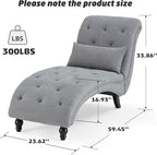 Tufted Soft Chaise Lounge Chair for Bedroom, Linen Rivets Chaise Lounge Indoor, Armless Upholstered Chaise Couch Chair for Living Room with Square Cushions and Solid Wood Legs, Gray