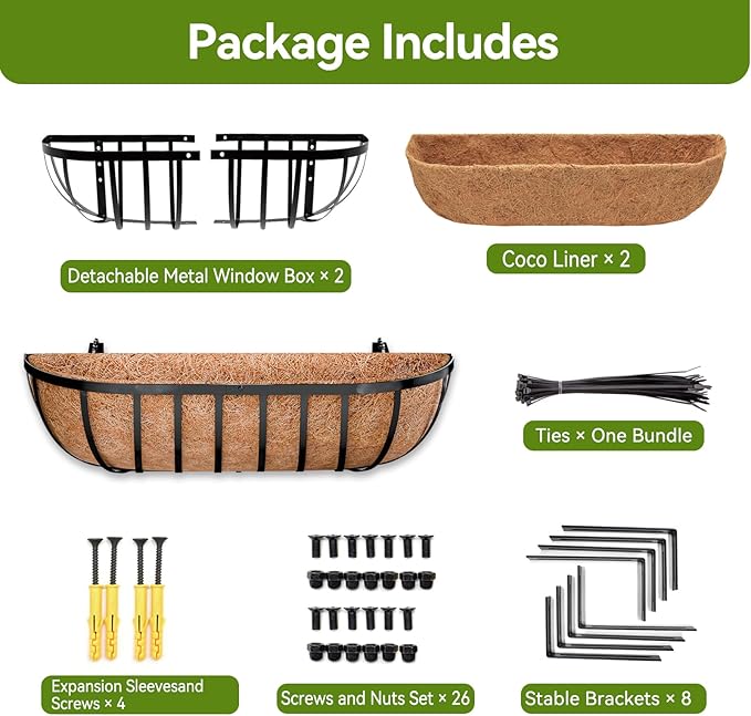 Halatool 2 Pack Heavy-Duty Metal Deck Railing Planter Box, 24 Inch Rust-Resistant Window Boxes Planters with Coco Liner & Adjustable Brackets, Grow More On Your Balcony, Patio & Fence