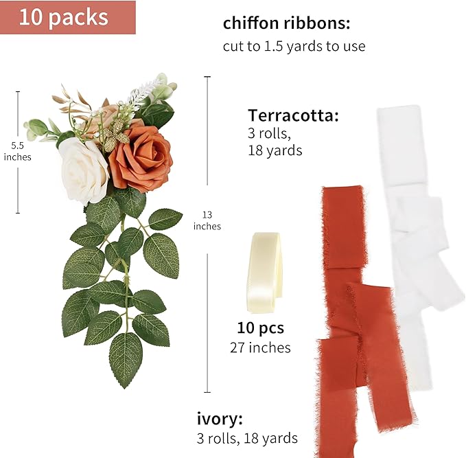 Artificial Flower Chair Decor Set of 10 with Terracotta Roses and Ribbon