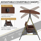 U-MAX 3-Seat Porch Swing Chair Steel Frame, Patio Swing Chair with Stand and Removable Cushions, Outdoor Canopy Swing Chair for Outside, Backyard, Garden, Brown Cushion