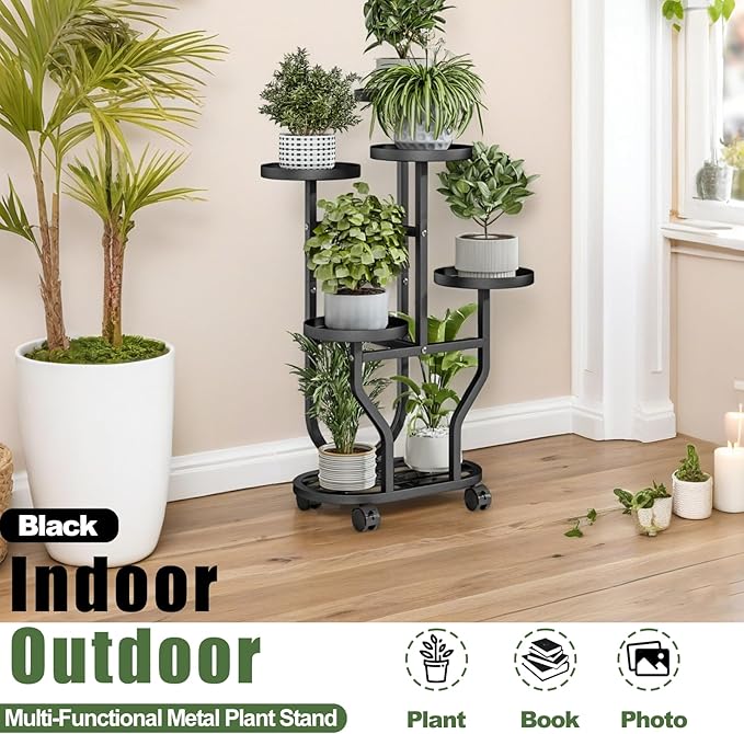 Plant Stand 5 Tier Indoor Outdoor Metal Flower Shelf with Wheels Multi Plants Holder Display Rack for Garden Patio Balcony Living Room Black (Black, 5 Tier)