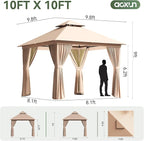 Aoxun Outdoor Gazebo for Patio 10x10 Metal Frame Canopy with Double Roofs Heavy Duty Party Tent and Shelter with Mosquito Netting and Privacy Screen for Backyard, Lawn, Garden, Deck (Khaki)