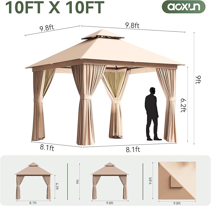 Aoxun Outdoor Gazebo for Patio 10x10 Metal Frame Canopy with Double Roofs Heavy Duty Party Tent and Shelter with Mosquito Netting and Privacy Screen for Backyard, Lawn, Garden, Deck (Khaki)