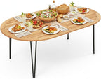 Tangkula 79" Large Patio Dining Table for 6, Acacia Wood 6-Person Dining Table with 2.5" Umbrella Hole & Metal Legs & Adjustable Foot Pads, Oval Outside Table for Garden, Poolside & Backyard