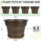 16 inch Plant Pots Outdoor Planters，4 Pack Large Plastic Flower Pot For Indoor Plants With Drainage Holes & Saucer, Resin Decorative Container Sets With Trays For House Outdoor Garden Plant Dark Gold