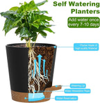 Self Watering Pots, 7/6.5/6/5.5/5/4 inch Flower Pots with Multi Mesh Drainage Holes, Small Platic Planters for Indoor Outdoor Garden Plants and Flowers (Black with Brown Tray, 7"+6.5"+6"+5.5"+5"+4")