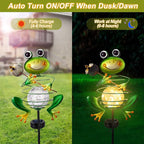 Frog Solar Garden Light - Metal Stake Light with Crackle Glass Waterproof Globe, Solar Power LED for Garden, Lawn, Patio, Pathway Decor