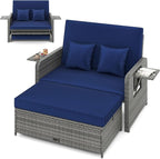 HAPPYGRILL Patio Rattan Wicker Daybed with Loveseat & Storage Ottoman, Outdoor Lounge Sofa Furniture Set with Adjustable Backrest & Side Trays, for Poolside Deck Porch Lawn (Mix Grey & Navy)