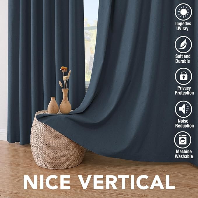 H.VERSAILTEX Linen Blackout Curtains 63 Inches Long 100% Absolutely Blackout Thermal Insulated Textured Linen Look Curtain Draperies Anti-Rust Grommet, Energy Saving with White Liner, 2 Panels, Navy