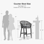 PURPLE LEAF Outdoor Rattan 24" Counter Height Bar Stools Chair Set of 2, Modern Upholstered Patio Bar Stool with Backrest for Indoor and Outdoor, Kitchen Island, Grey