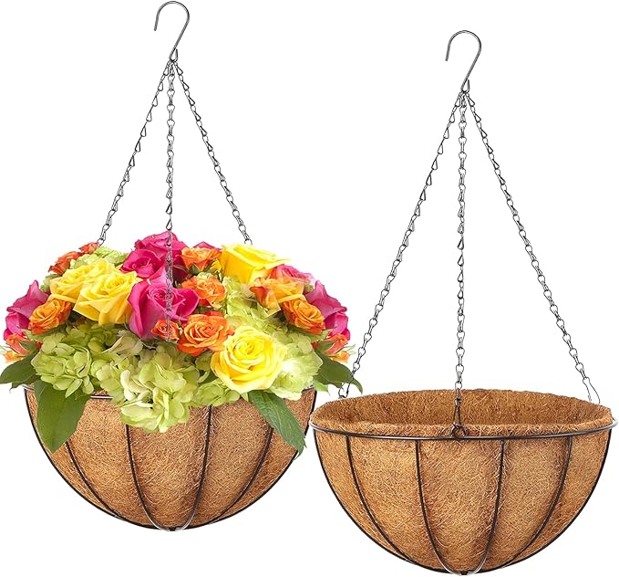 Hanging Baskets Planter for Plants - 2 Pack 14 Inch Metal Baskets with Coco Coir Liner, Hanging Flower Pots for Outside with Chain, Indoor Outdoor Garden Porch Decoration (14'' Pack of 2)