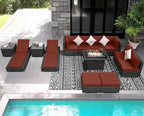 NICESOUL 13 Piece Wicker Outdoor Patio Furniture Set with Fire Pit, XL Size 10-Seater Patio Sectional with Firepit & Chaise Lounge, All Weather 500 lbs Heavy Duty Outside Sofa, Grey & Red