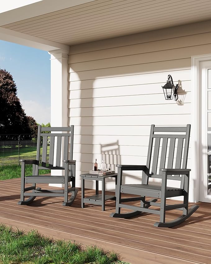 GarveeLife Poly Lumber Rocking Chair Outdoor - HDPE High Back Porch Rocker Chairs for Adults - All Weather Resistant Furniture for Patio - Grey