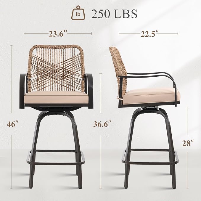 Bar Stools Set of 2 with 360° Swivel Metal Frame and Rattan Beige Cushion
