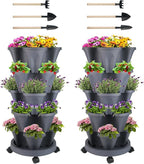 GameXcel Vertical Planter 5 Tier Stackable Planters Garden Planters Strawberry Herb Flower and Vegetable Planter Indoor Outdoor Gardening Pots with Removable Wheels and Tools
