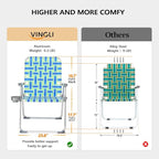 VINGLI Folding Aluminum Webbed Oversized Lawn Chairs with Detachable Cup Holder, 300LBS High Beach Chair for Adults Heavy Duty, Portable Patio Chair for Yard, Garden, 2 Pack,Blue/Green
