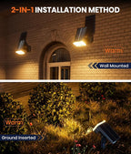 2-Pack Solar Lights Outdoor Waterproof IP67, 3 Color Modes (Warm/Cool White & Hybrid) with 3 Lighting Modes, 105° Adjustable Dusk to Dawn Solar Spotlights for Pathway/Garden/Yard Wall/Ground Lighting
