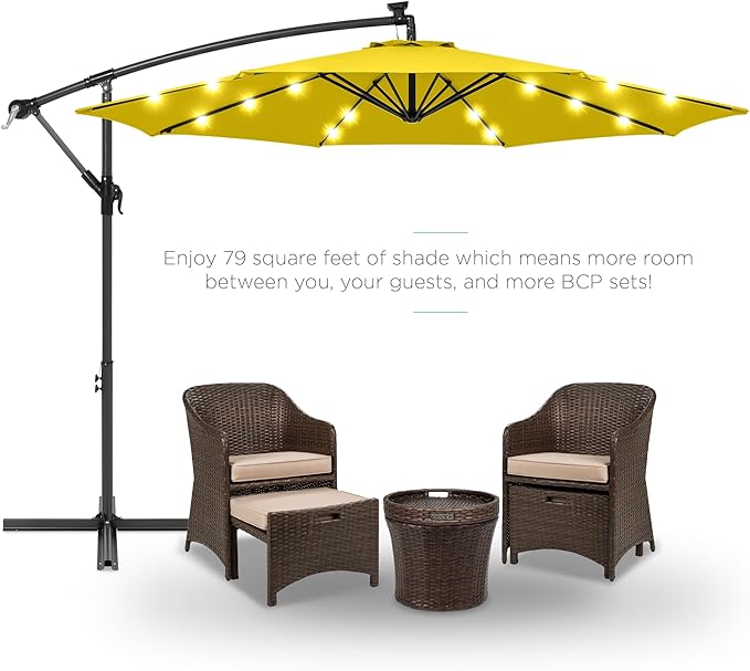 Best Choice Products 10ft Solar LED Offset Cantilever Hanging Market Patio Umbrella, 8 Sturdy Ribs, Easy Adjustment - Yellow