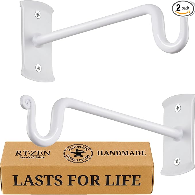 RTZEN Plant Hangers Indoor or Outdoor - Wrought Iron Metal Hanger Indoor Hook - Heavy Duty Wall Bracket Hooks for Hanging Plants Baskets Lanterns Wind Chimes - 2 Pack (White Shepherds Hooks 7.5")