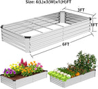 2 Pack 6x3x1FT Galvanized Metal Raised Garden Bed Kit for Vegetables, Herbs, Open-Bottom Large Capacity Outdoor Planter Box Gardening Stakes, Silver