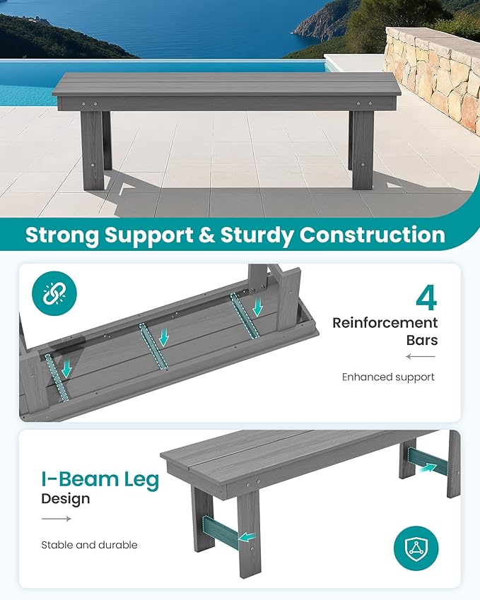 SERWALL 2-Person Outdoor Bench Backless, HDPE Outdoor Benches Weatherproof, 700 Lbs Weight Capacity, Poly Lumber Patio Furniture for Garden, Porch and Park, Grey, 2 Pack