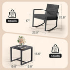 3 Pieces Patio Furniture Set Rocking Bistro Set, Outdoor Patio Furniture Set with Coffee Table for Garden Balcony Backyard Poolside (Black Cushion)