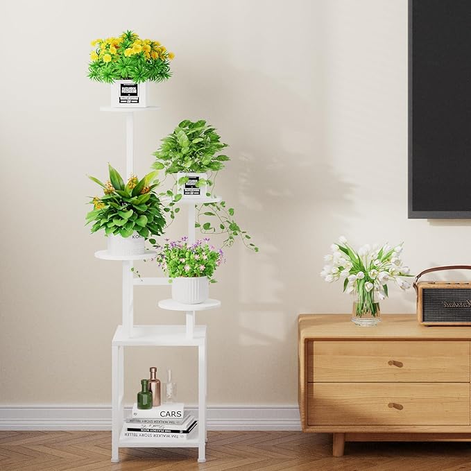 Plant Stand Indoor with Grow Light, 5-Tiered Tall Plant Stand Indoor, Metal Plant Shelf with Adjustable Light, Ideal for Living Room, Garden, Round Patio white
