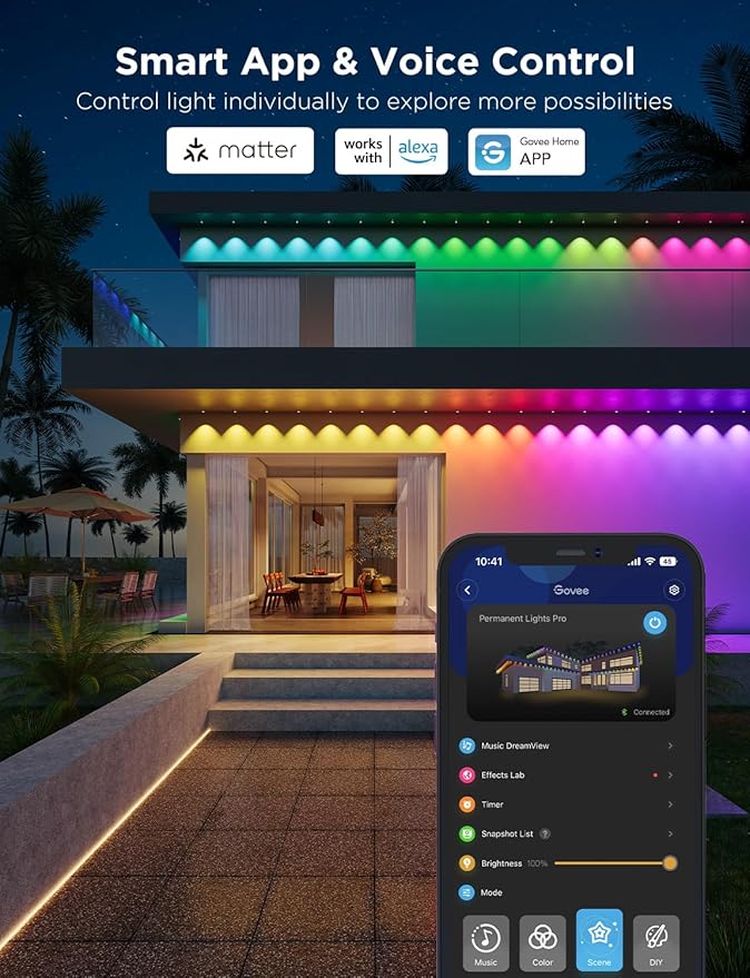 Govee Permanent Outdoor Lights Pro, 100ft with 60 RGBIC LED Lights for Daily and Accent Lighting, 75 Scene Modes for Outdoor Decor, IP67 Waterproof, Works with Alexa, Google Assistant, Matter, Black
