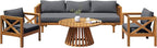 Merax Outdoor 4-Piece Acacia Wood Conversation Set - Patio 3-Seat Loveseat Sofa w/Coushion, 2 Armchair and Round Coffee Table for Backyard, Lawn, Balcony, Teak + Gray