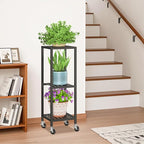 LASZOLA 3 Tier Black Metal Plant Stand Indoor Outdoor with Wheel for Large Planter, Modern Heavy Duty Tall Rolling Rack for Corner House Bathroom Patio Floor, Iron Flower Shelf Holder for Orchid Fern