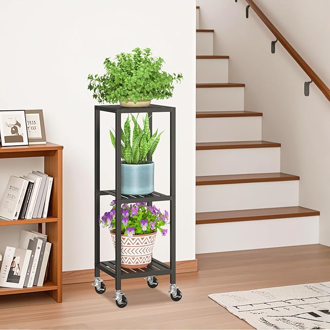 LASZOLA 3 Tier Black Metal Plant Stand Indoor Outdoor with Wheel for Large Planter, Modern Heavy Duty Tall Rolling Rack for Corner House Bathroom Patio Floor, Iron Flower Shelf Holder for Orchid Fern