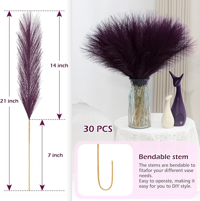 Faux Pampas Grass Stems in Purple, 30 Pcs Silk and Paper Decor