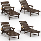 Patio Chaise Lounge Chair Set of 4, Oversized Lounge Chair Outdoor with 5 Positions, HDPE, Patio Lounge Chair with Wheels & Cup Holder for Pool, Deck, Poolside,Brown